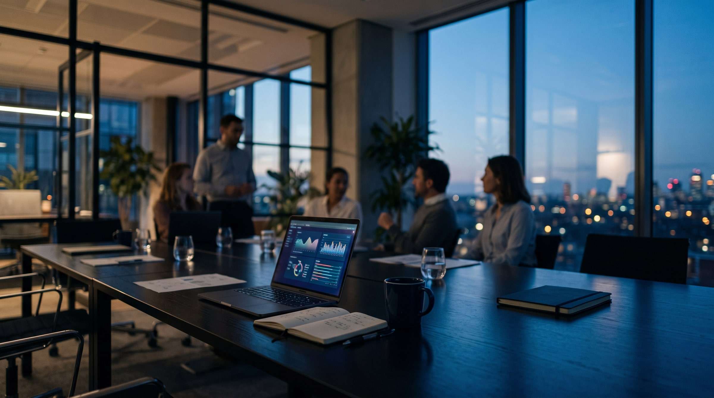 Besprechungstisch mit Laptop und Diagrammen in einem modernen Büro am Abend