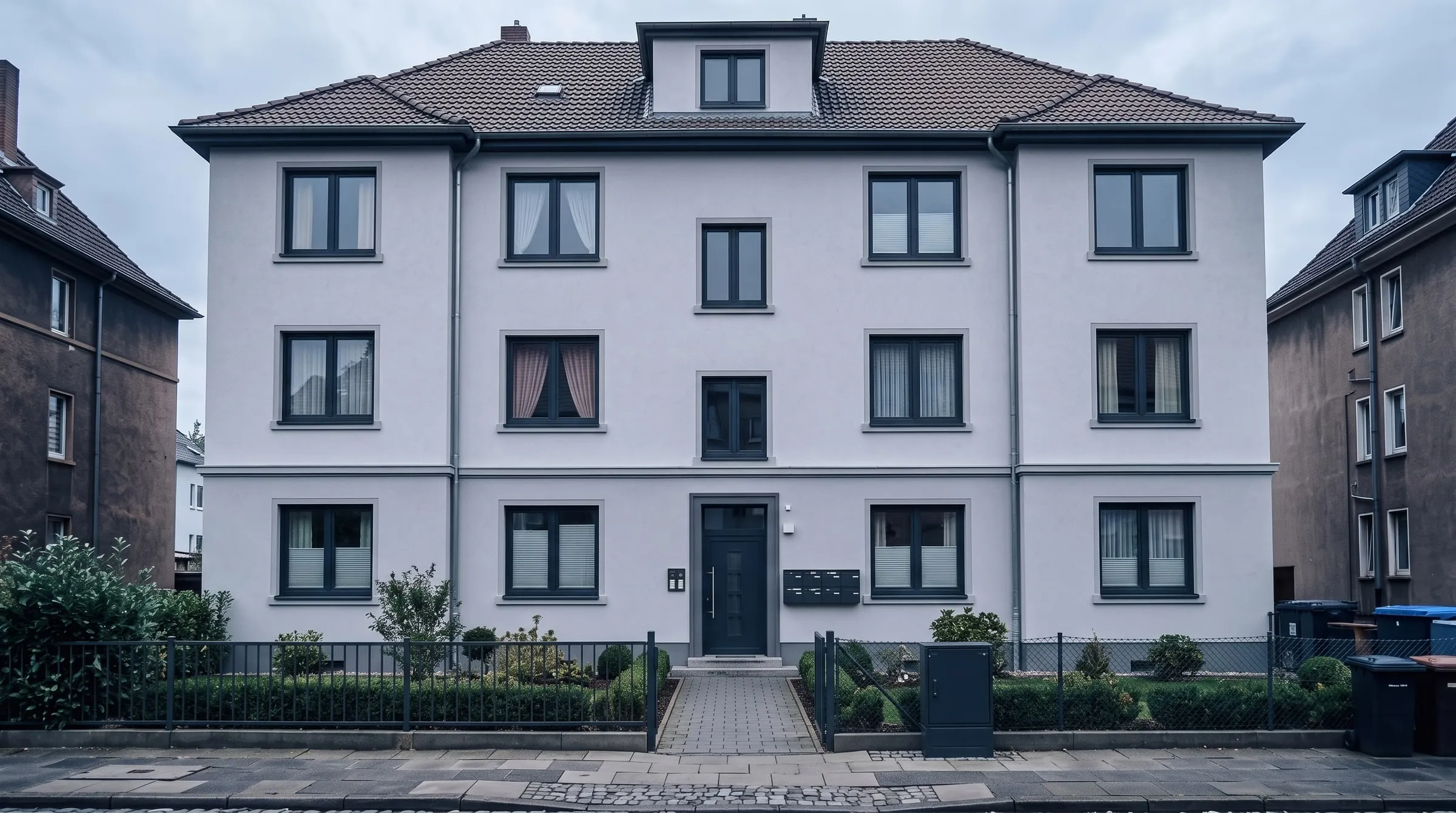 Dasselbe Mehrfamilienhaus nach der Sanierung mit heller Fassade und neuen Fenstern