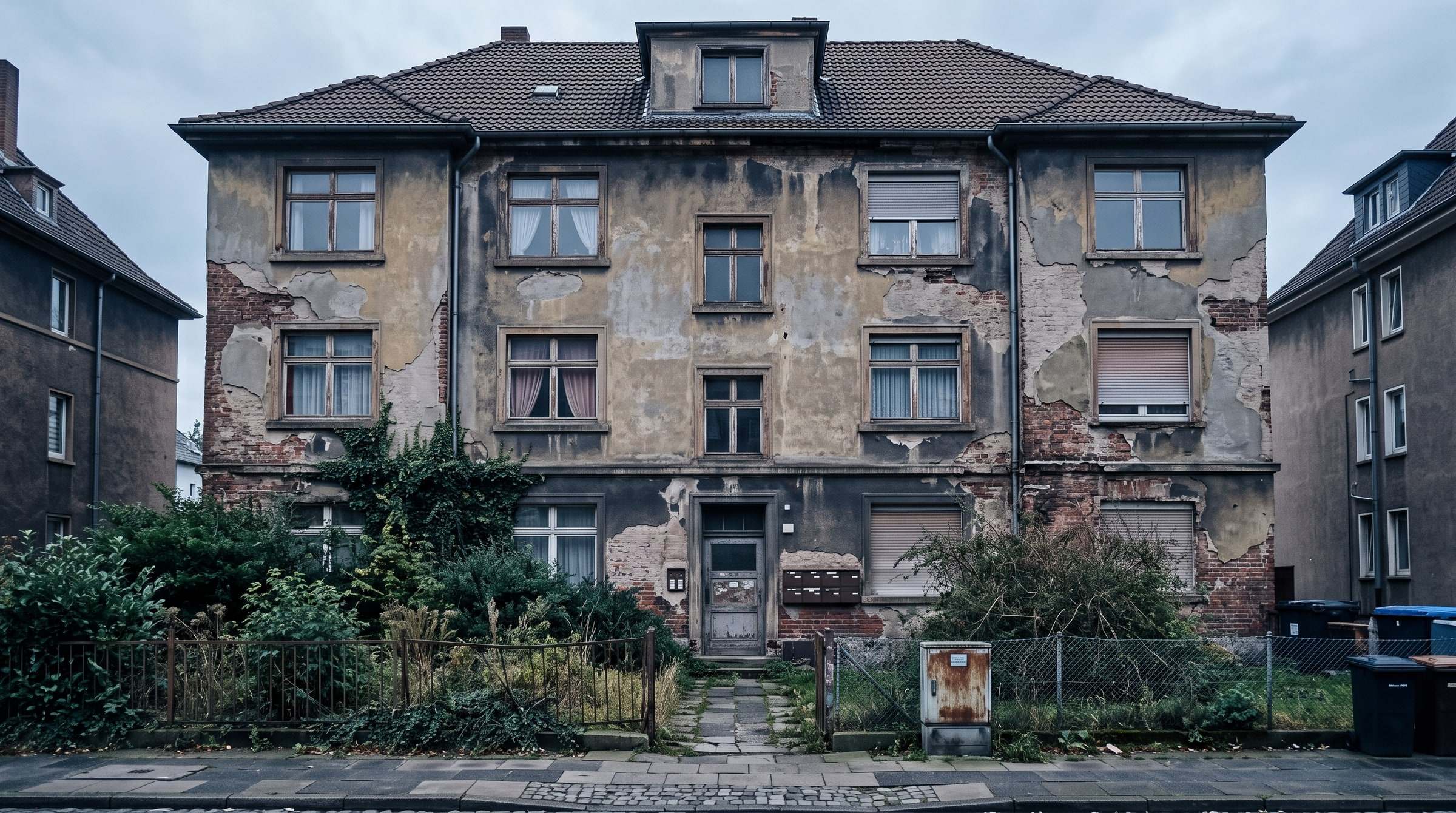 Sanierungsbedürftiges Mehrfamilienhaus mit verwitterter Fassade
