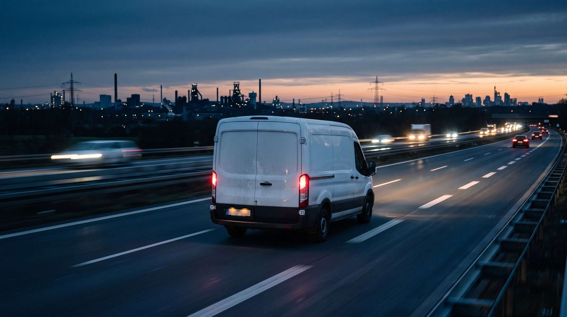 Weißer Transporter auf der Autobahn in der Abenddämmerung mit der Silhouette des Ruhrgebiets